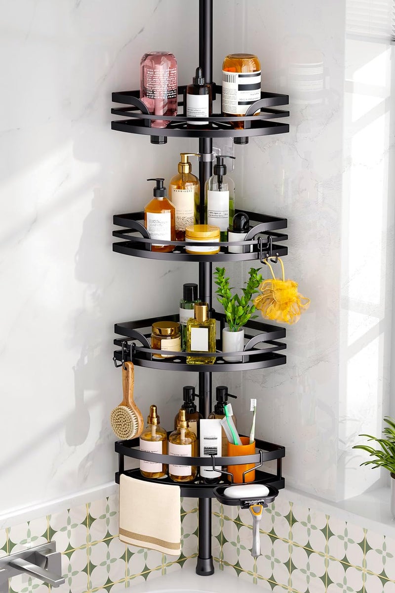HAMITOR Shower Caddy Tension Pole: Rustproof Bathroom Corner Shelf for Renters, 47-121inches Adjustable Organizer with Soap Holder-Large Capacity Rack for Shampoo Storage Home Accessory - Black - Image 1